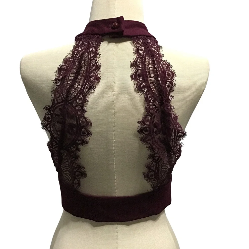 Lulu's Maroon Lots Of‎ Lace Crop Top Sexy Button Closure Front Peep Hole New